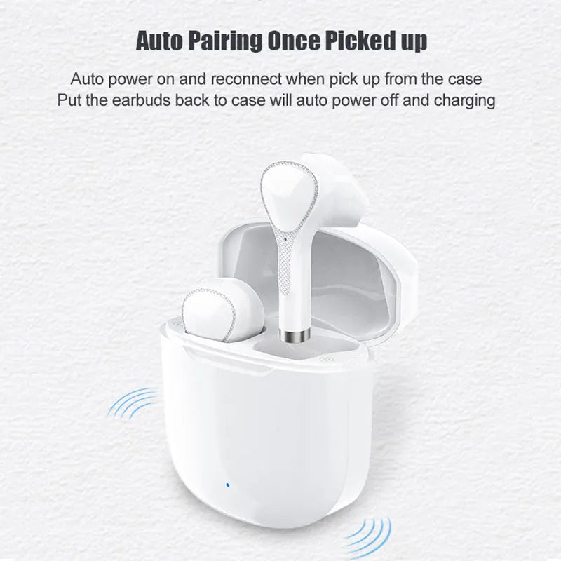 White true wireless Bluetooth 5.0 in-ear sports headset with charging box, Type-C interface, and ergonomic earbuds