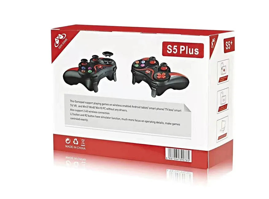 S5 Plus red mobile game controller with phone bracket, ABS body, USB connection for Android and iOS