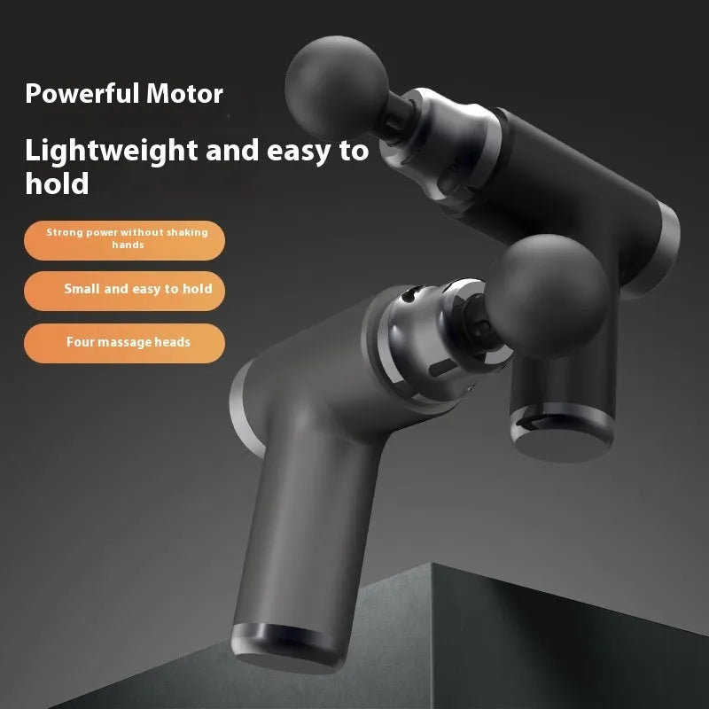 Black mini portable massage gun with LED screen and 32 speed LCD display on white background