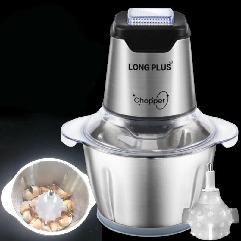 White electric garlic peeler appliance with stainless steel bowl on a kitchen countertop.