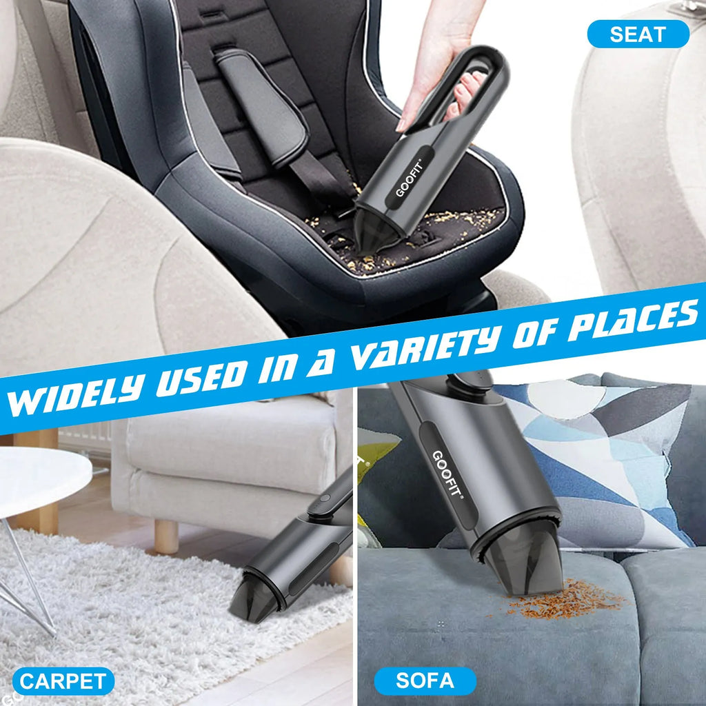 Black portable wireless handheld car vacuum cleaner with brush and flat attachments for vehicle cleaning