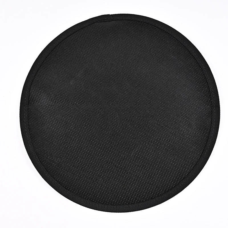 Black round fireproof barbecue mat, oil resistant and high temperature resistant, for camping and grilling, available in four sizes.