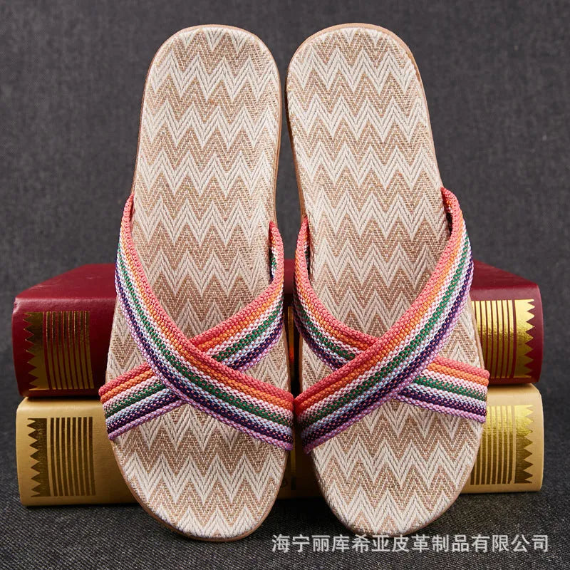 Open toe linen home slippers with EVA sole, 1.5-3.5cm thick, in assorted colours