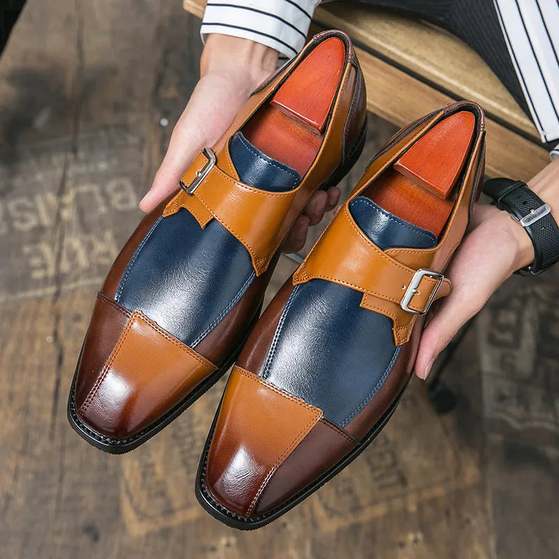Men's brown-blue retro leather casual shoes with decorative buckle and tall crown