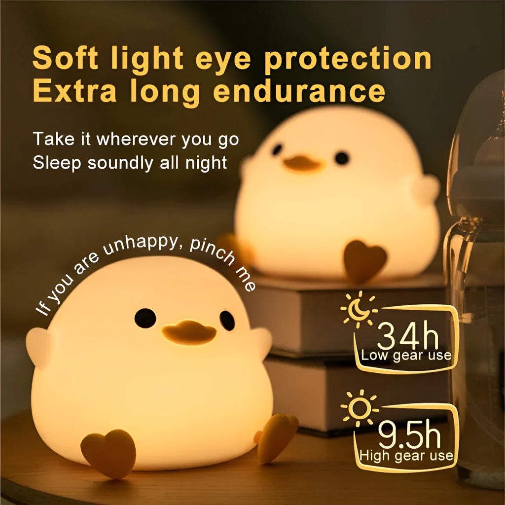 Doudou Duck silicone night light with squeeze control USB charging, 122x105x92mm