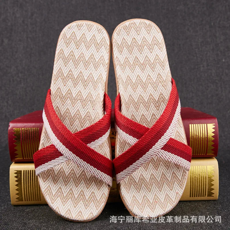 Open toe linen home slippers with EVA sole, 1.5-3.5cm thick, in assorted colours