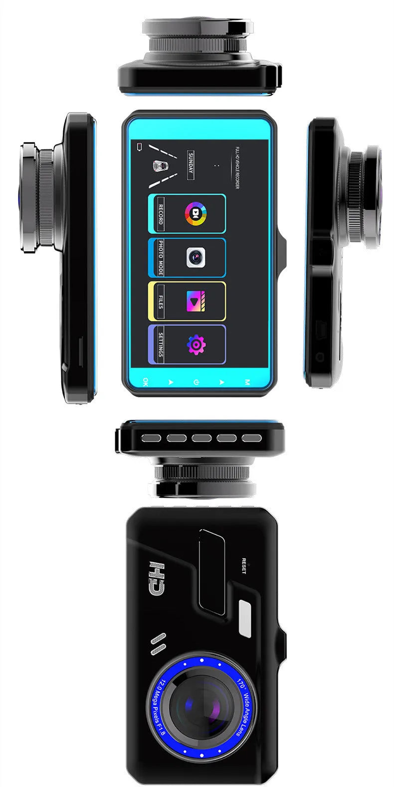 Black car dash cam with 4-inch touch screen and dual lenses for front and rear recording