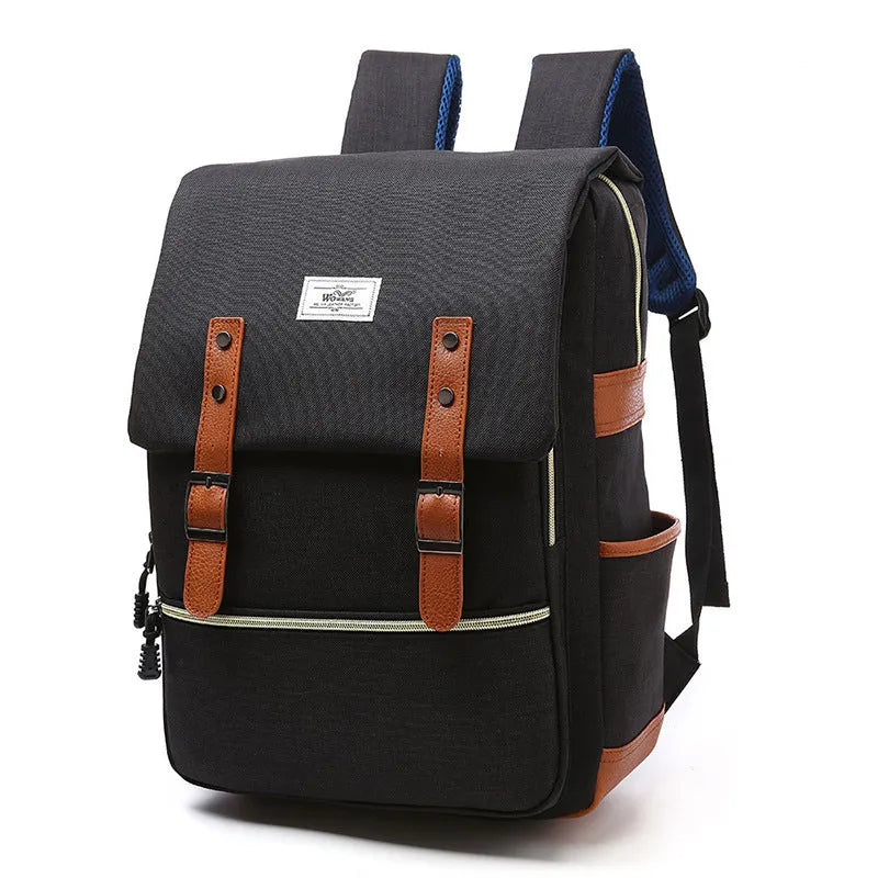 Vintage canvas backpack with USB charging in sapphire blue for school and travel