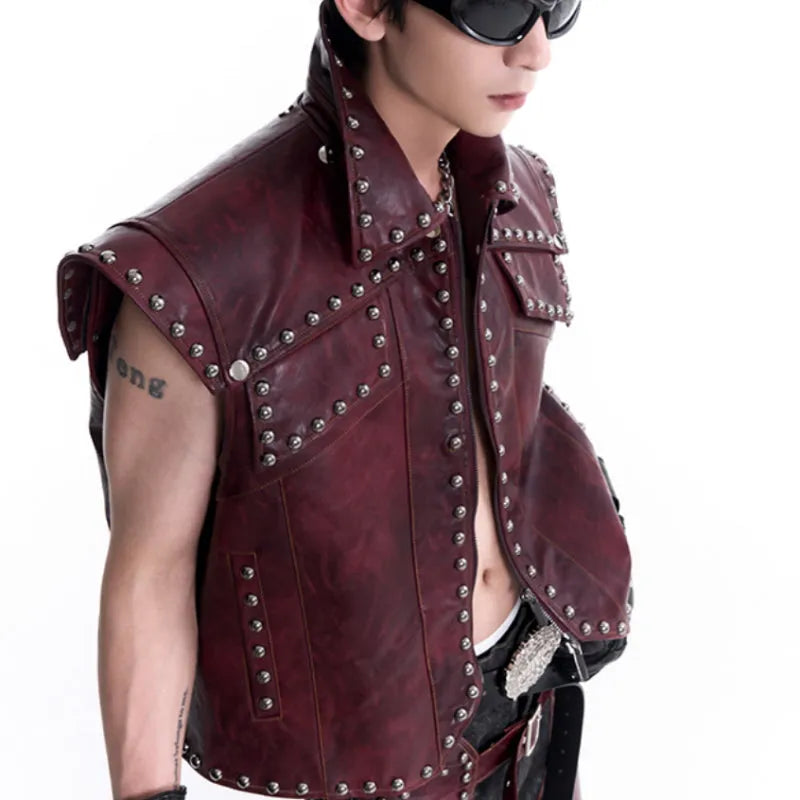 Heavy industry rivets leather vest coat with lapel collar and matching red pants set