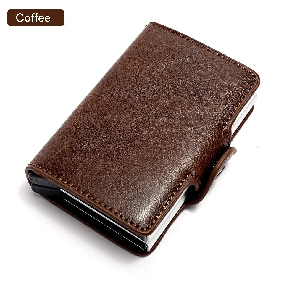 Aluminum PU wallet with 14 card slots in Crazy Horse leather finish, available in claret coffee royal blue black and brown