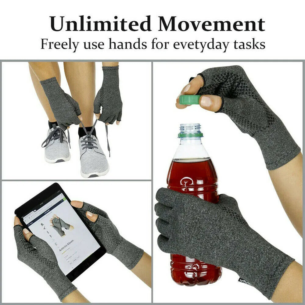 Grey half-finger joint compression gloves laid flat, showing the elastic spandex fabric and exposed fingertips.