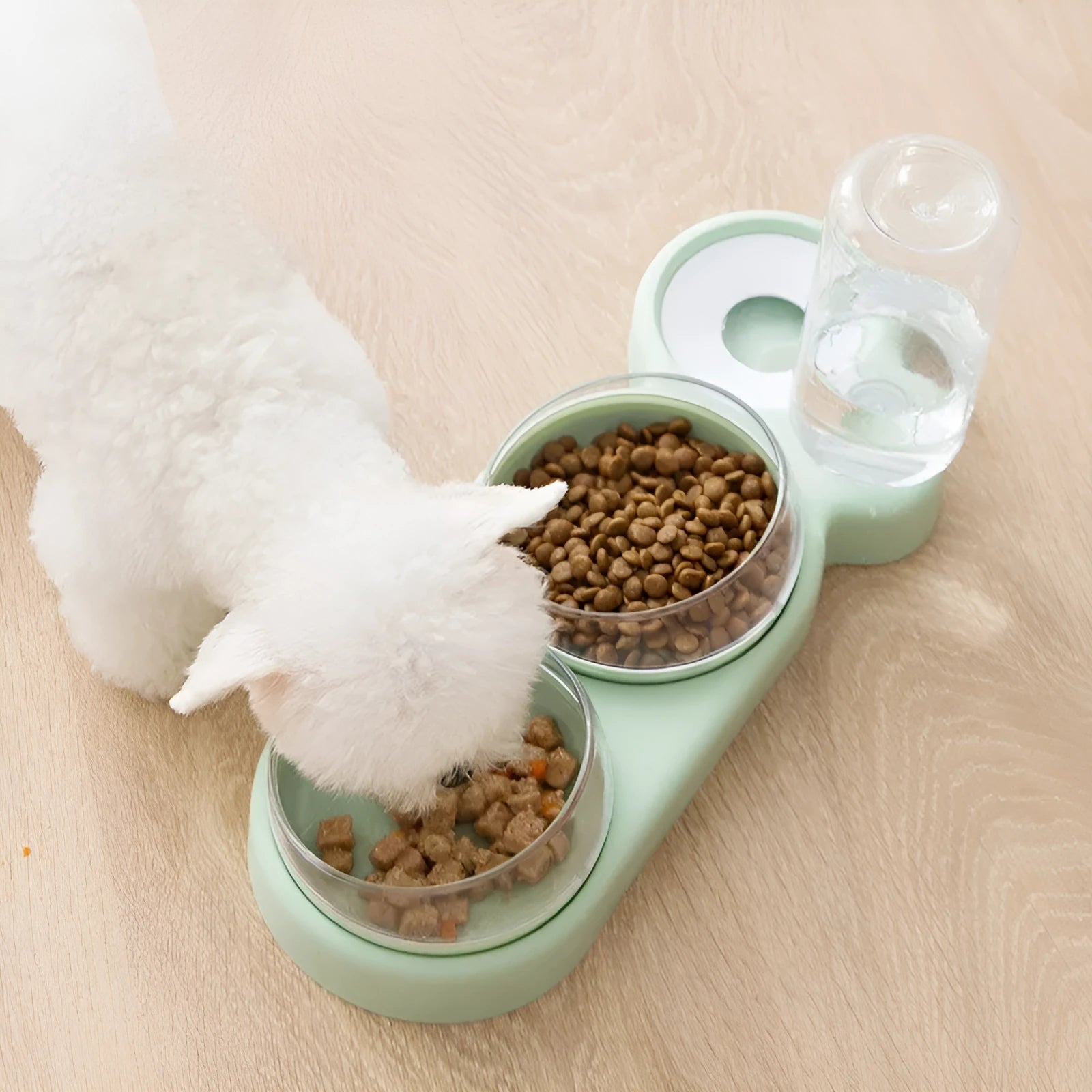 Double bowl automatic pet feeder with 360 degree rotation and tilt for cats in grey colour