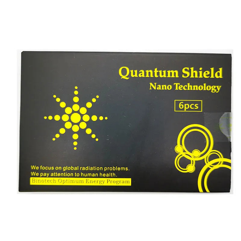 Six mobile phone anti-radiation stickers in silver and gold colours with self-adhesive backing