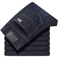 Stretch jeans in black or blue with straight-leg business casual styling for autumn winter wear