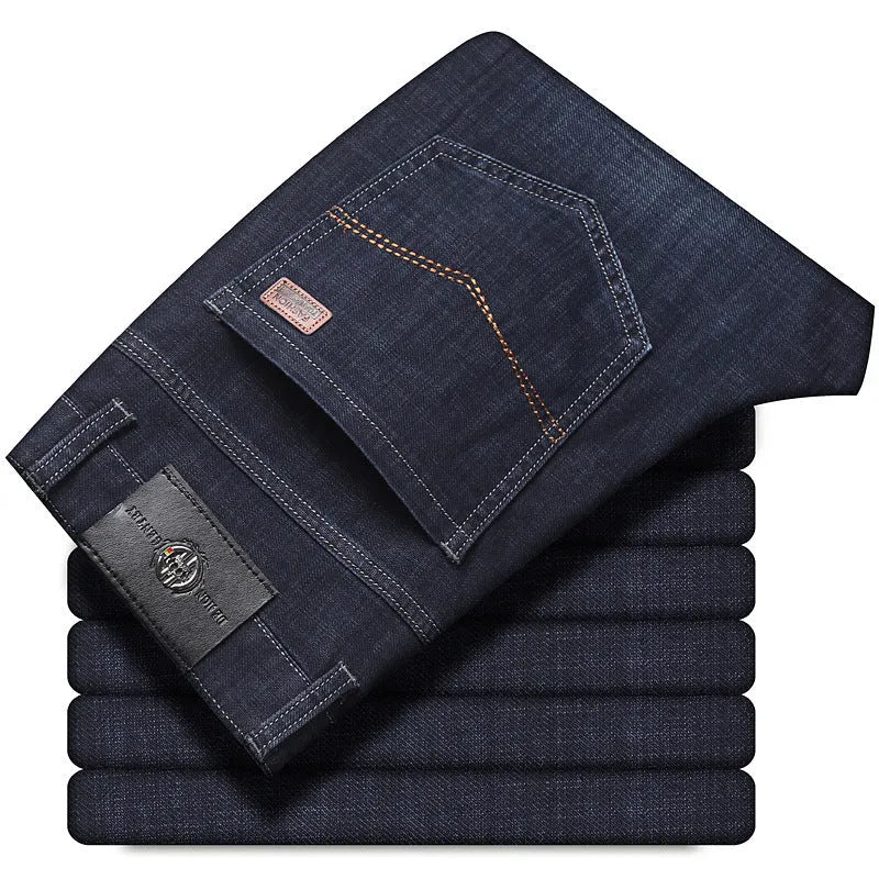 Stretch jeans in black or blue with straight-leg business casual styling for autumn winter wear
