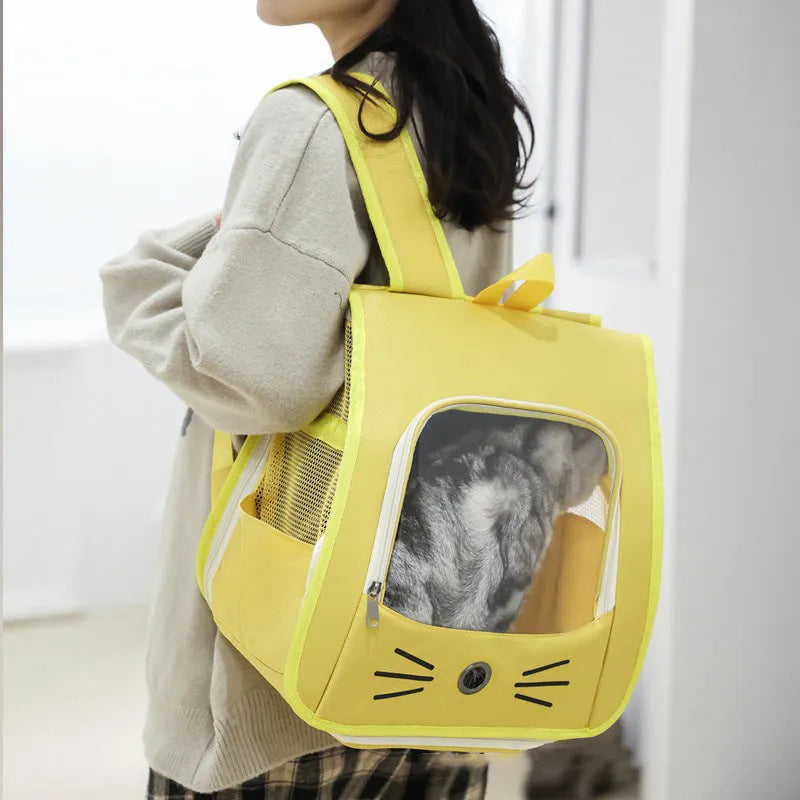 Oxford fabric pet carrier backpack for cats and small dogs, 35x35x25cm, in blue, grey, white, or yellow.