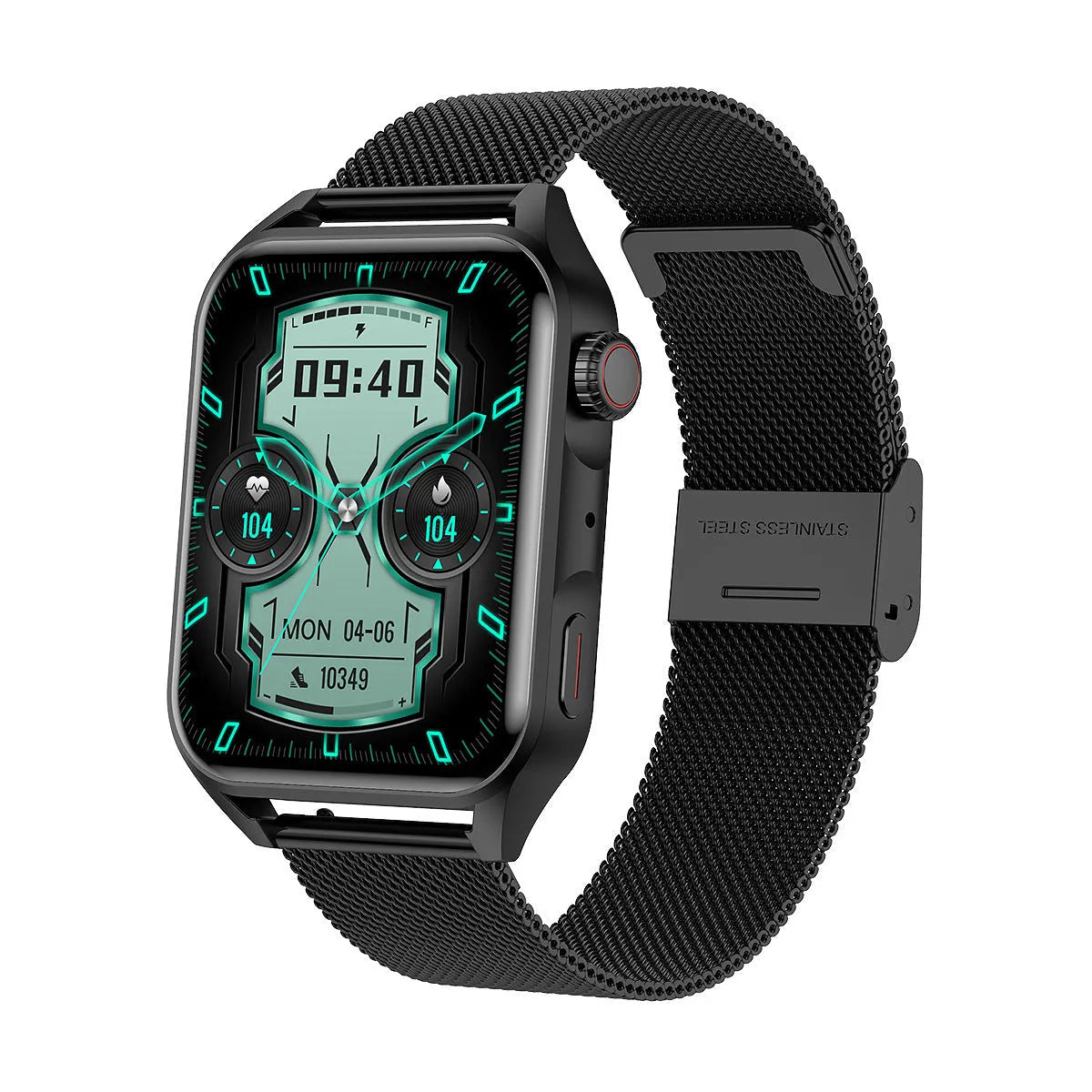Smart watch with a pink silicone strap showing its AMOLED screen and compact case.