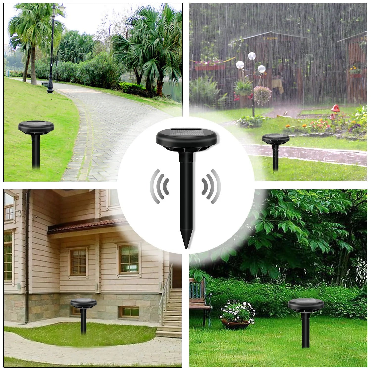 Solar ultrasonic mouse repeller with solar panel, black casing, designed for ground resonance pest control