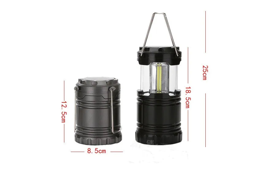 Black battery COB camping tent light with incandescent lamp and 3V power.