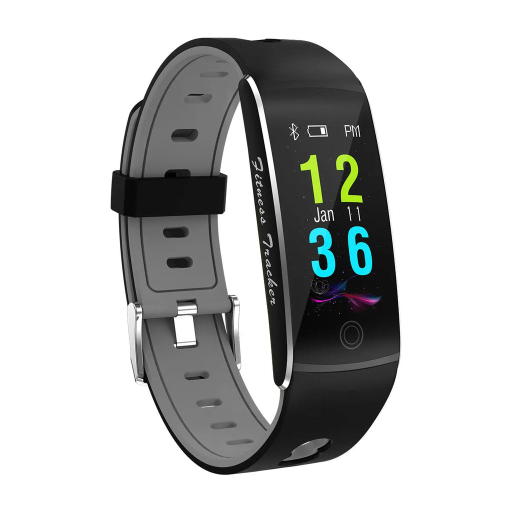 F10T smart bracelet with colour touchscreen on a silicone wrist strap, shown in black, green, orange, and red colour options.
