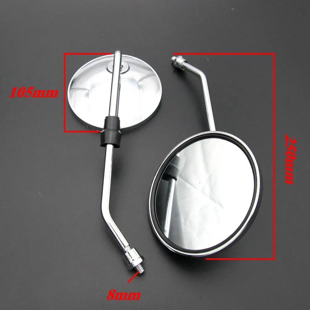 Motorcycle round mirror with full metal electroplated reflector and chrome spherical surface, 105mm diameter