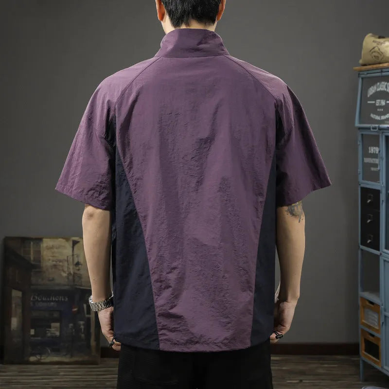 Men's brown ice silk half-zip business casual shirt with a stand collar and short sleeves.