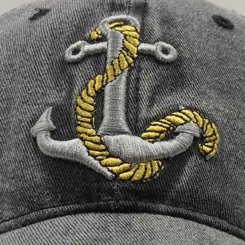 Anchor embroidered cotton baseball cap in Khaki colour, front view, showing adjustable back strap.
