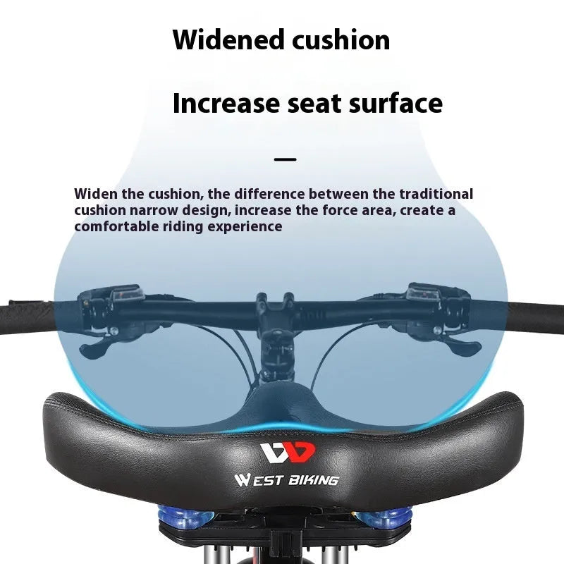 Black thick foam bicycle seat cushion on a mountain bike saddle.