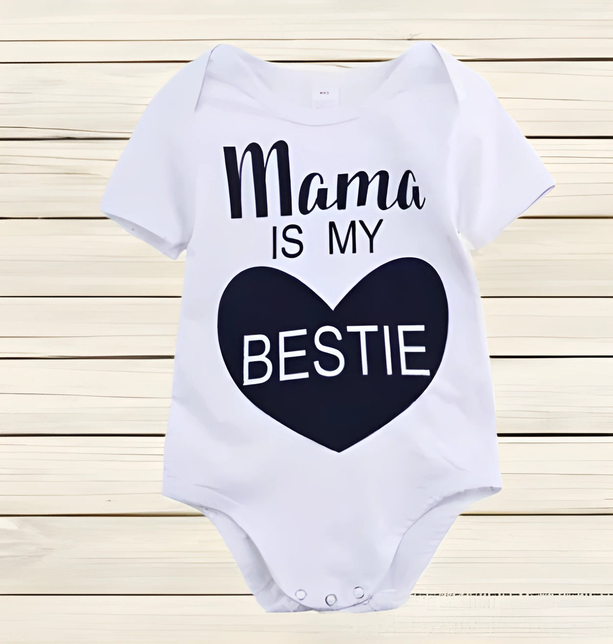 White cotton baby romper with Mama is my BESTIE print, short sleeves, sizes 70cm to 100cm