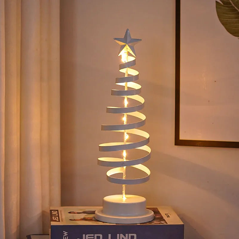 33cm tall wrought iron LED Christmas tree spiral light with warm white lights on tabletop