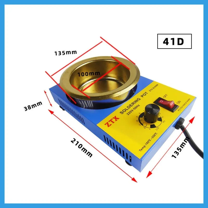 A desktop thermostat-controlled tin melting furnace with adjustable temperature dial.