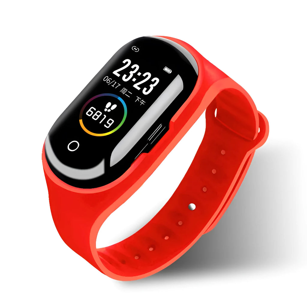 Smart bracelet with integrated wireless earphones on a silicone strap, showing a 1-inch screen.