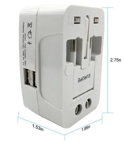 Compact universal travel plug converter with multi-country socket compatibility for mobile phone charging.