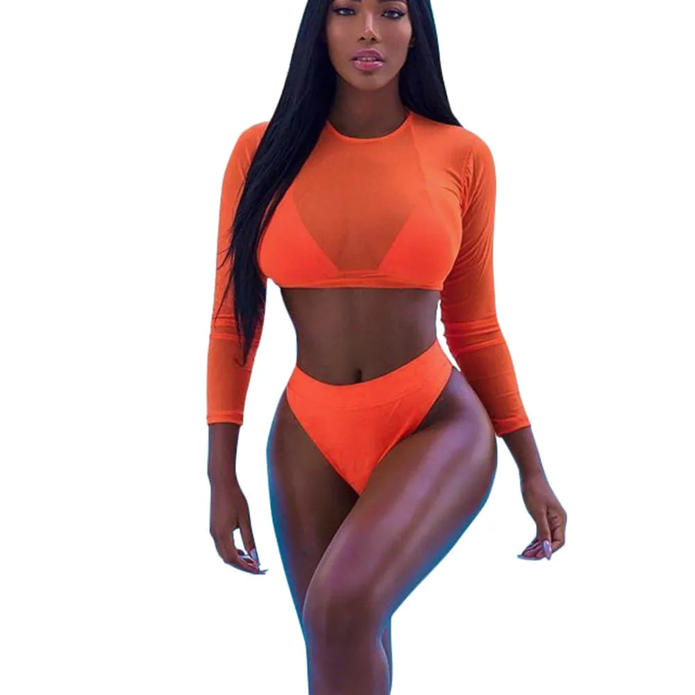 Orange solid three-piece bikini set with high waist, padded top, and see-through fabric panels