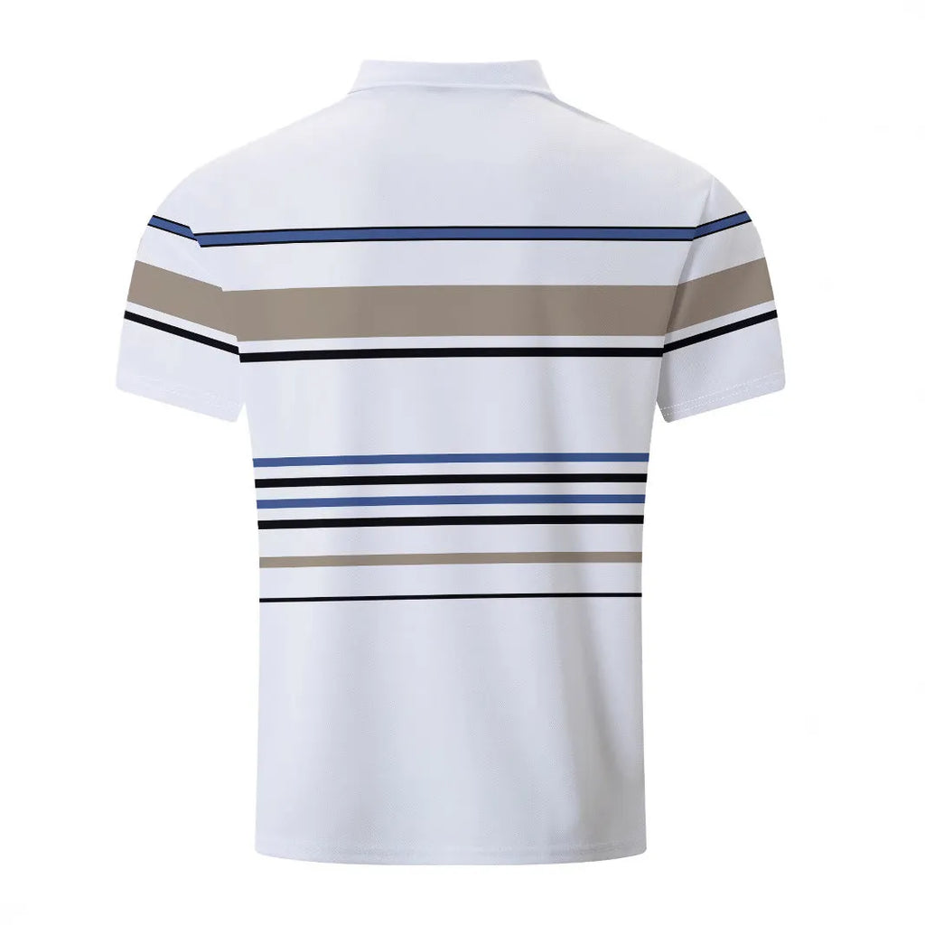 Men's white striped polyester t-shirt with short sleeves and loose slim fit for summer casual wear