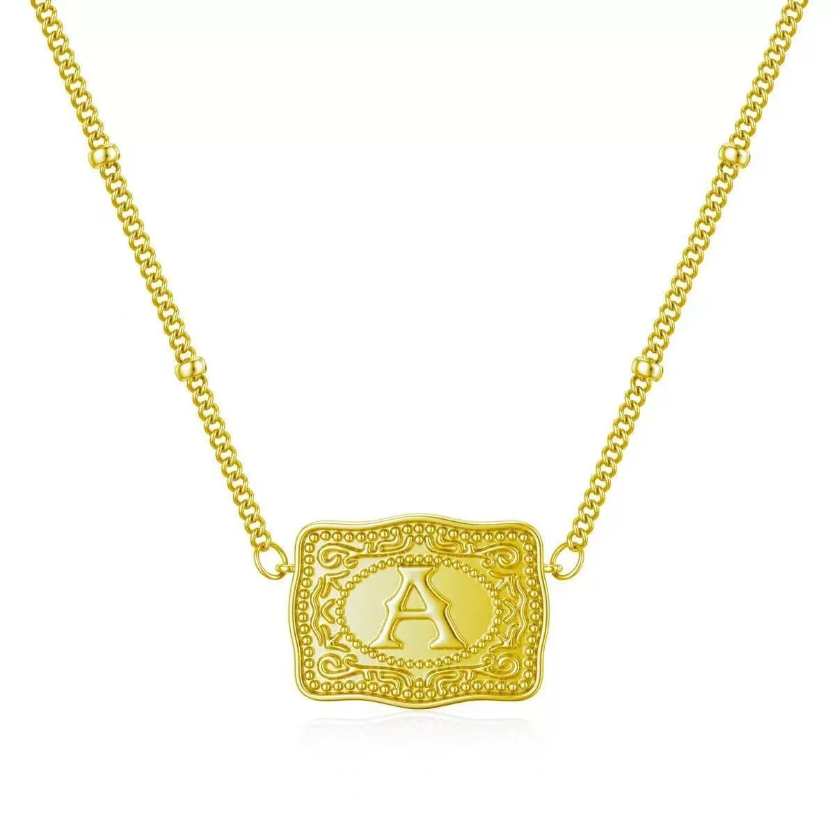 Copper alphabet letter necklace with electroplated gold or white K finish showing personalised letter pendant