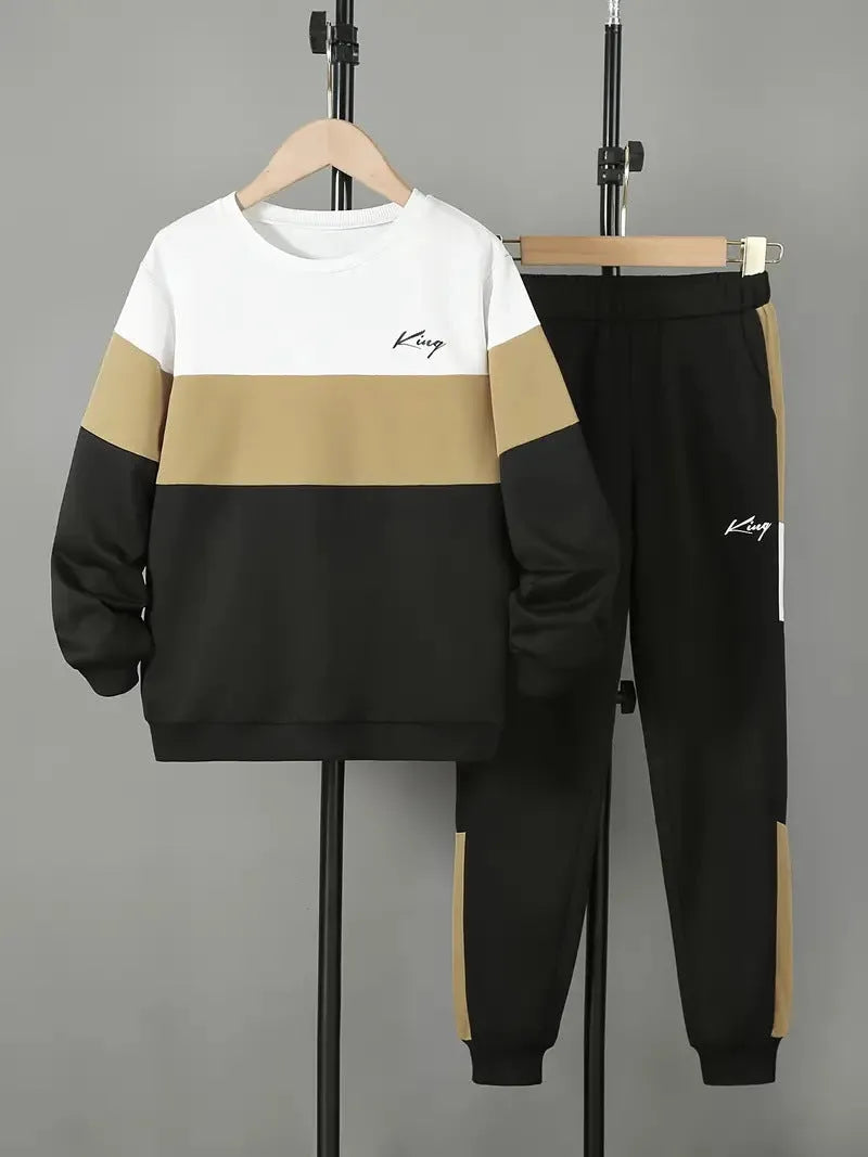 Design Sense boys cotton blend pullover hoodie and jogger trousers two-piece set in multicolour options