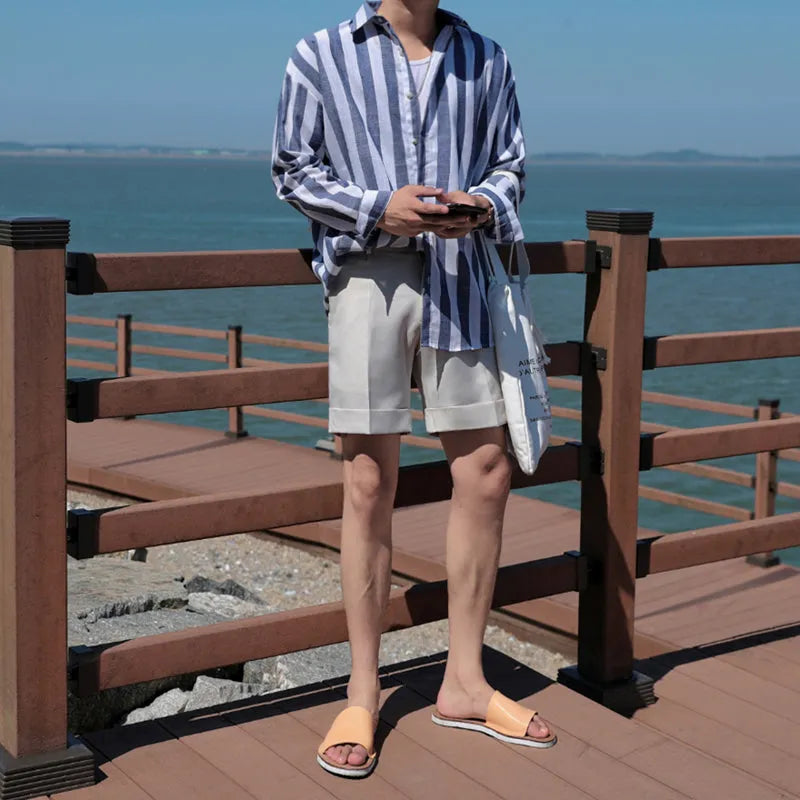 Men's cotton high-waist plain khaki suit trousers on a model, showing a clean smart fit