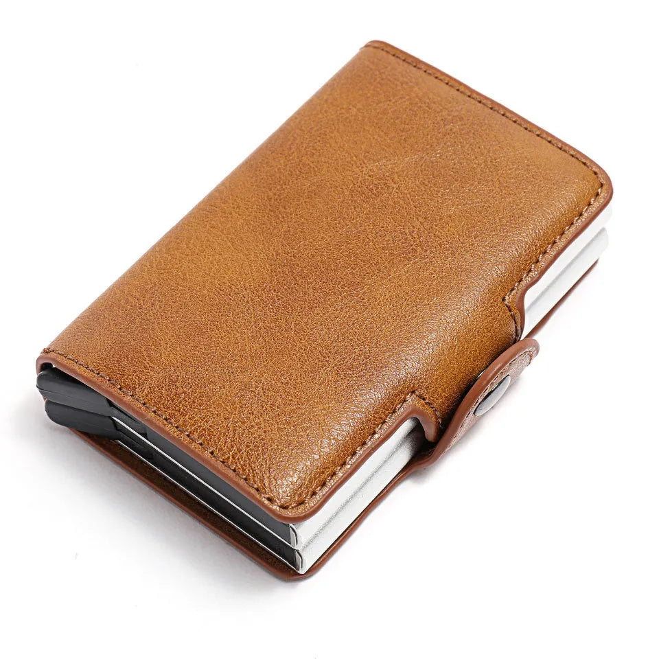 Aluminum PU wallet with 14 card slots in Crazy Horse leather finish, available in claret coffee royal blue black and brown