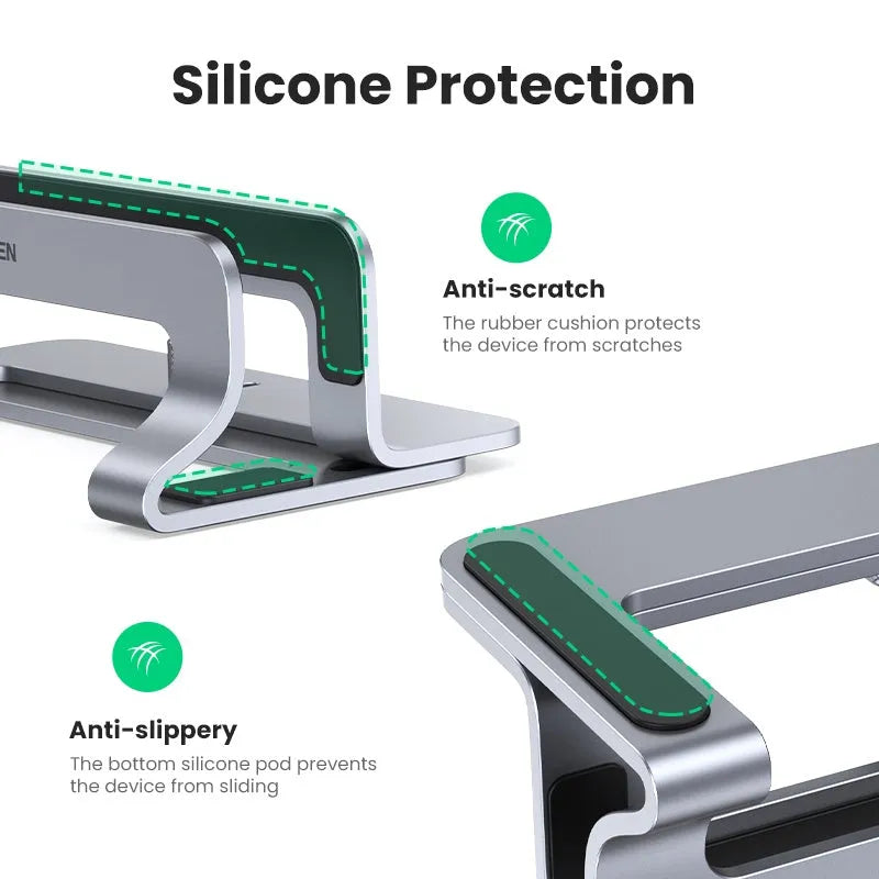 Silver aluminium alloy laptop cooling bracket with width adjustment slots for vertical notebook stands
