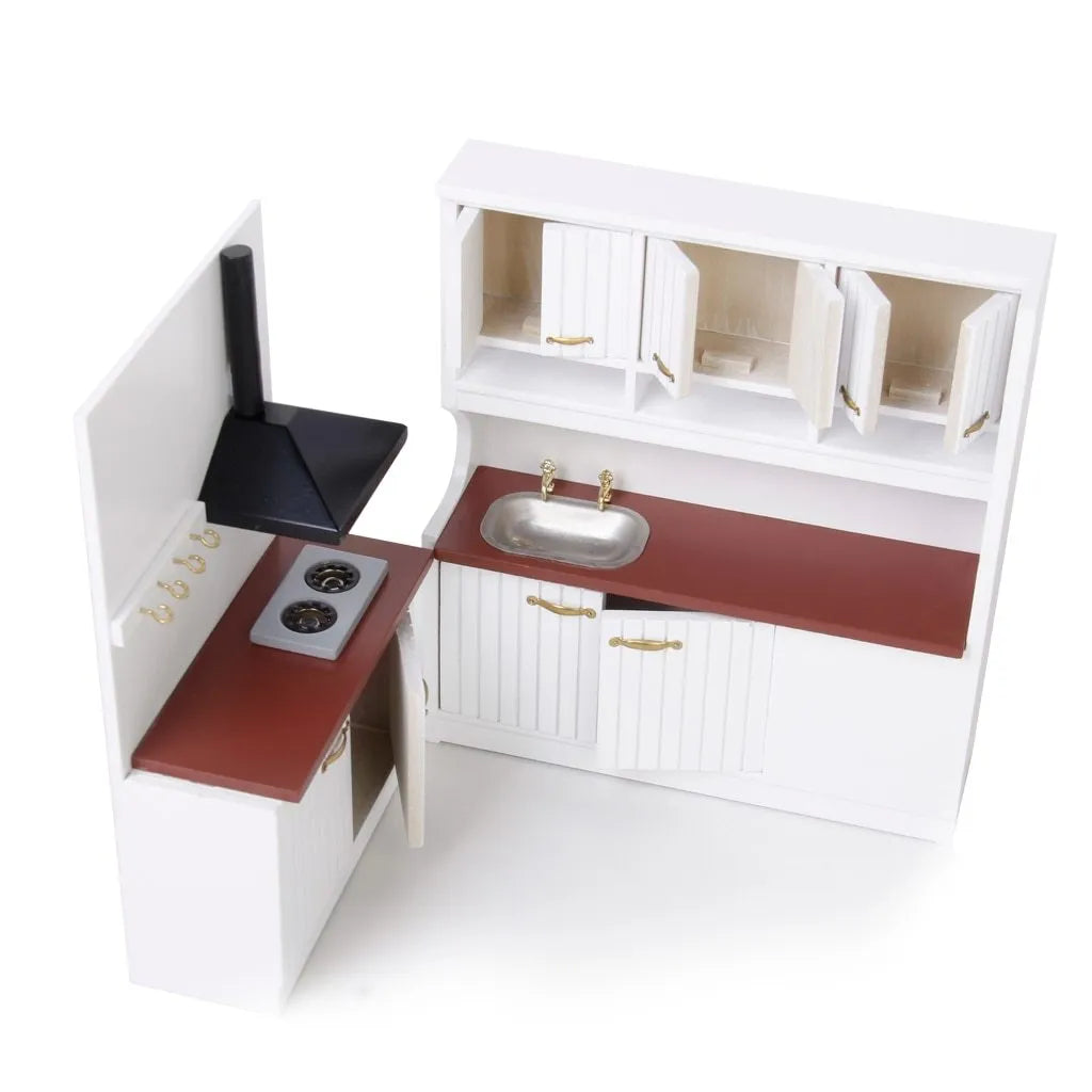 White birch dollhouse kitchen set with sink and stove cabinets, featuring working doors.