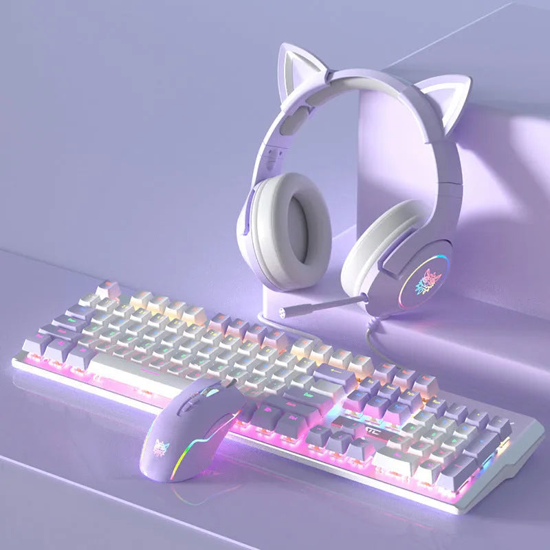 Purple and white mechanical keyboard and optical mouse set with backlighting on desktop