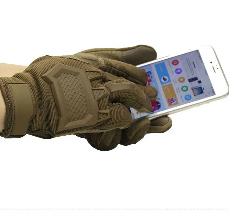 Touch screen tactical gloves for men in black with rubber knuckle and reinforced palm, full finger design