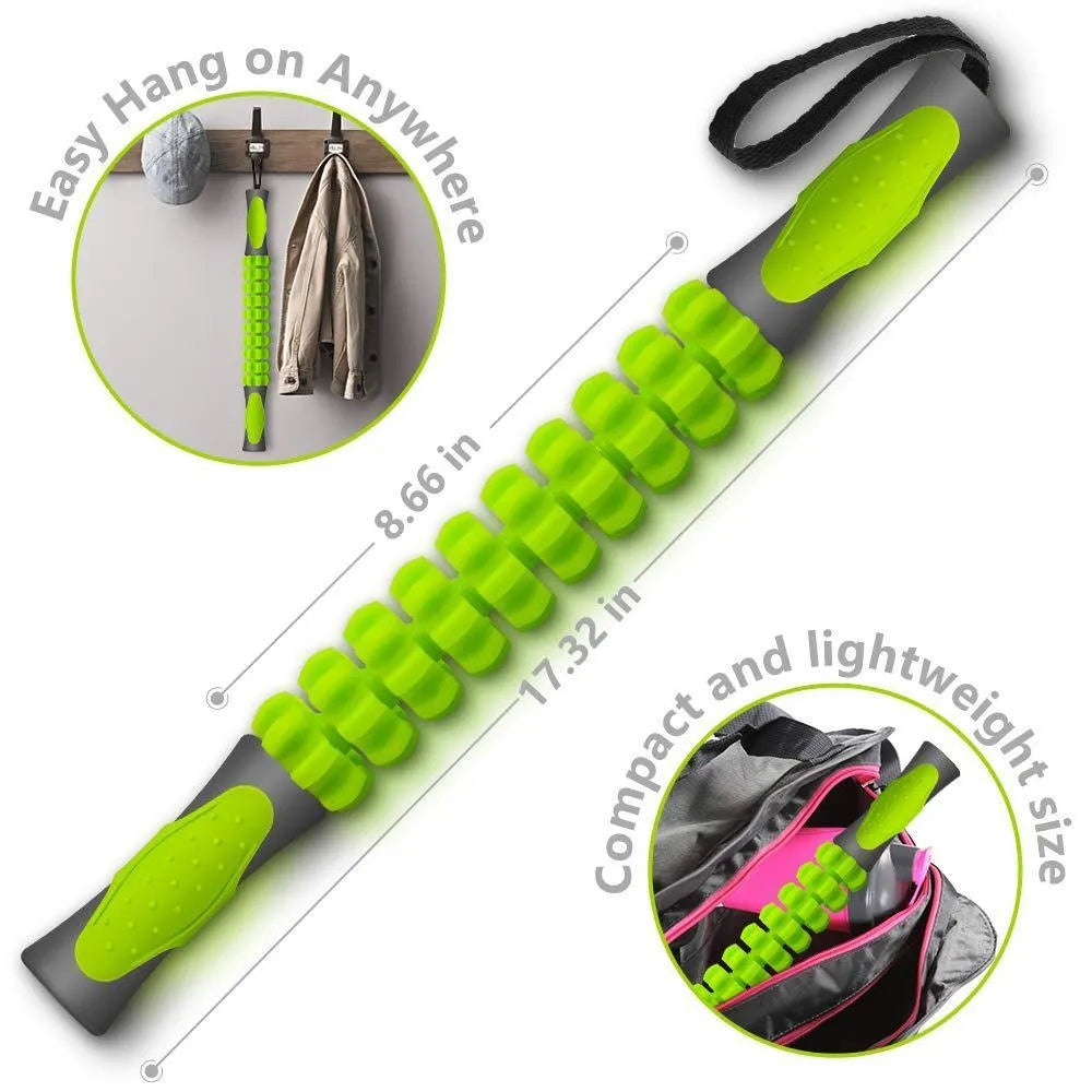 Fascia roller muscle relax massage stick with four convex round heads, ABS plastic, in green