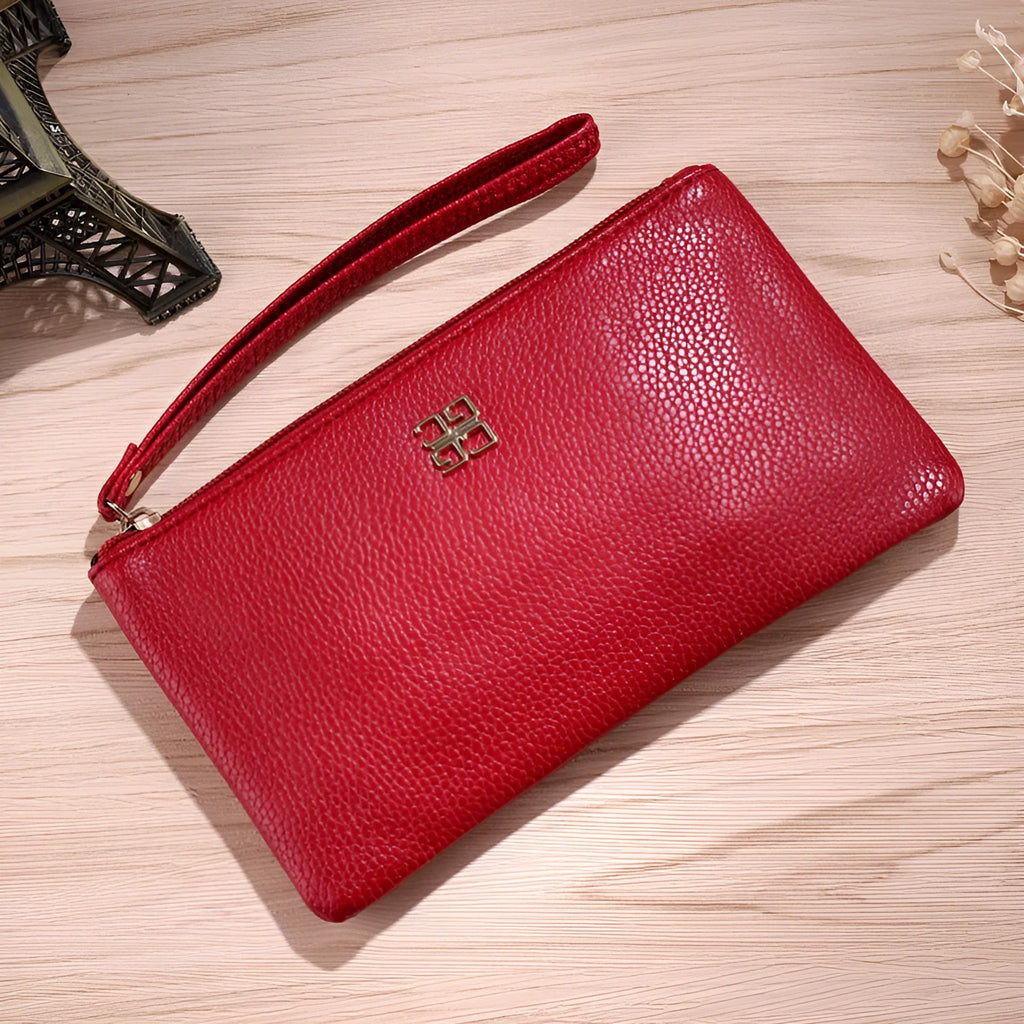 Long wine red PU leather phone wallet handbag with a silver zipper, shown open to reveal card slots and a clear ID window.