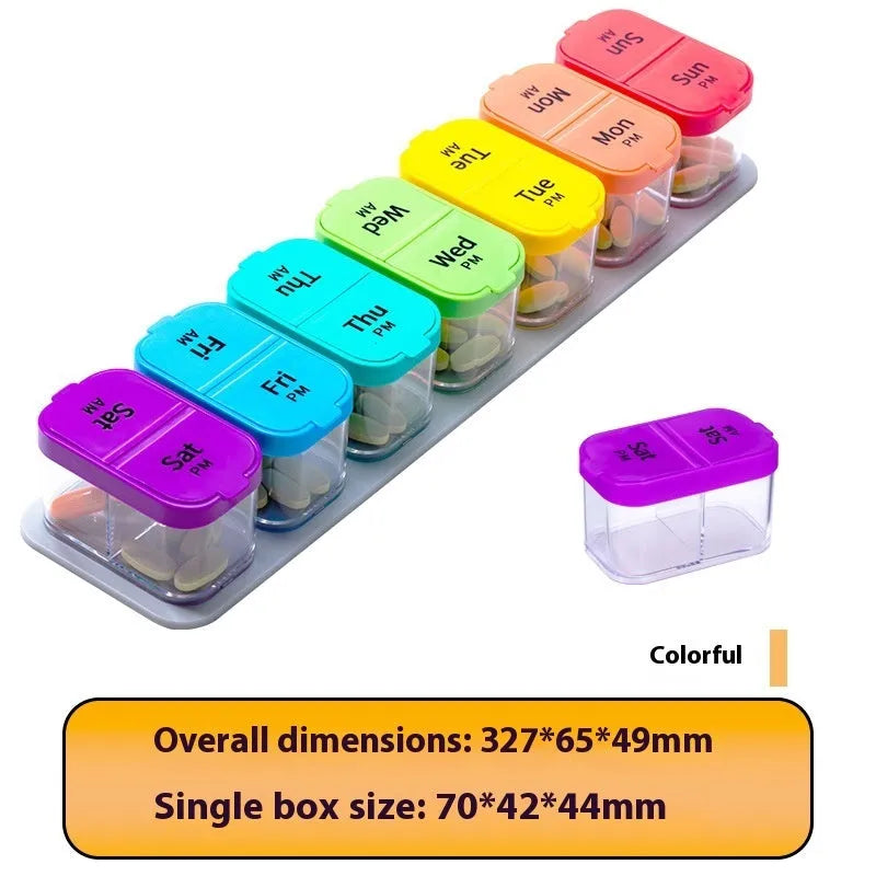 Extra large white and rainbow coloured pill box organiser with 14 removable compartments.
