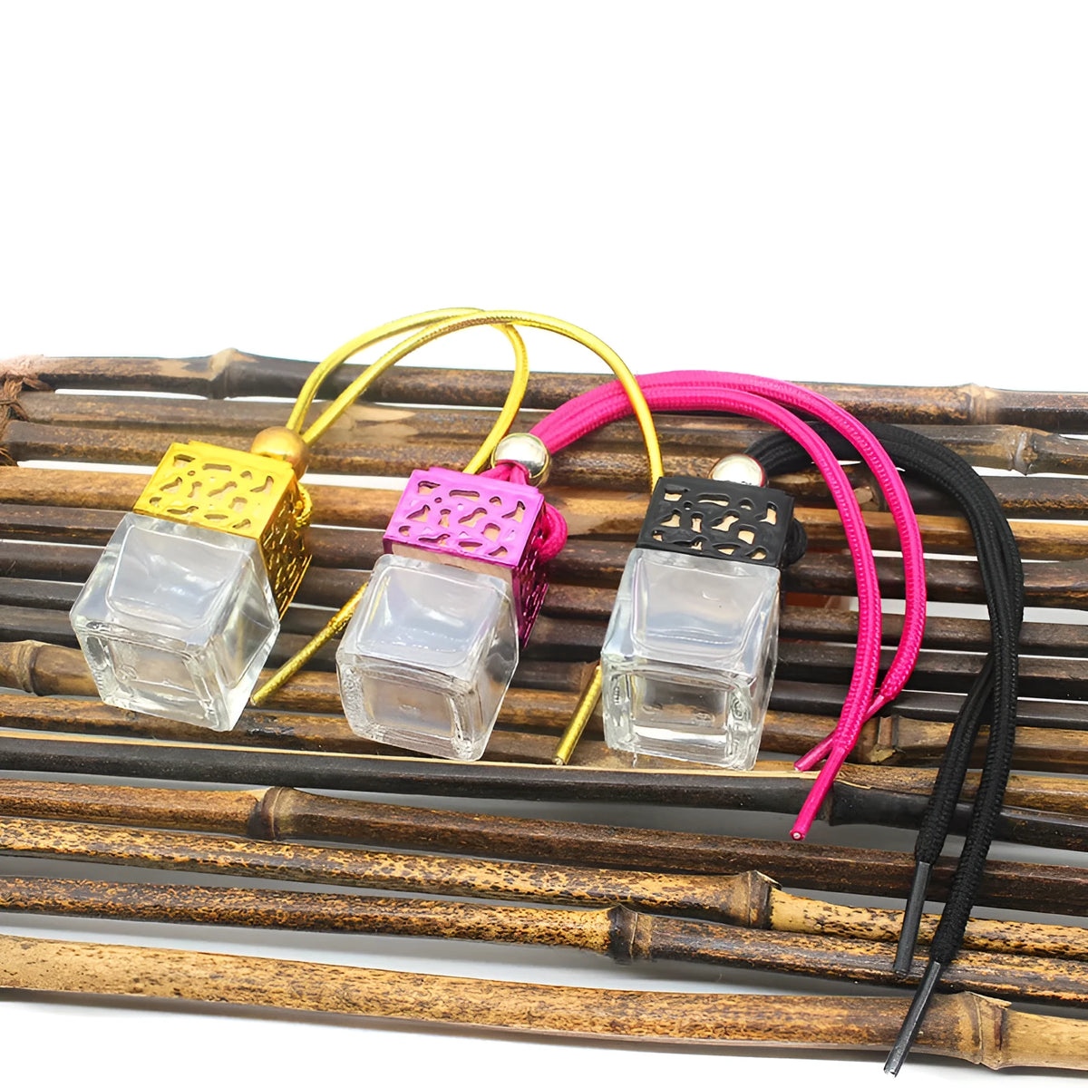 8ml square glass hollow perfume bottle, 4.6cm x 2.6cm, in Gold, Silver, Black and Rose Red.