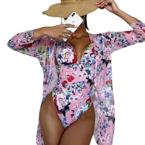 Women's floral pattern bikini and mesh coat three-piece swimsuit set in various colours.