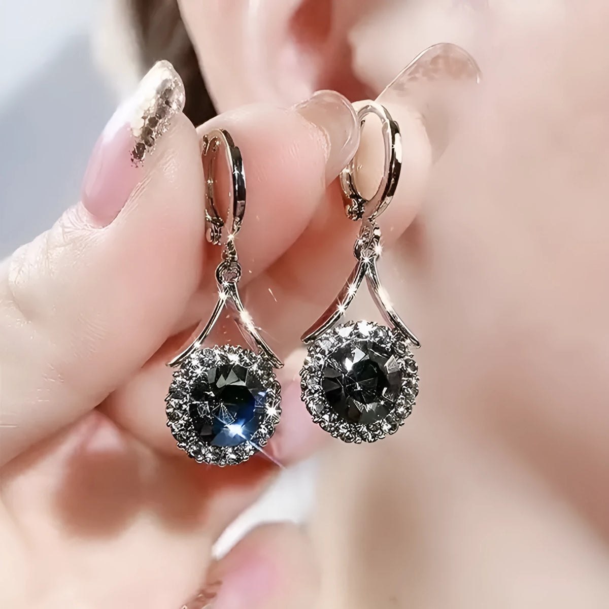 Gold grey geometric round ring earrings with rhinestone detail for women, one pair