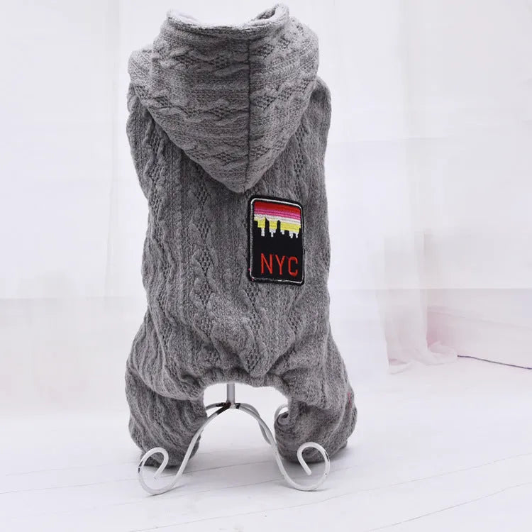 Four-legged wool pet jumper with velvet lining in green, grey, or red, sizes S to XXL